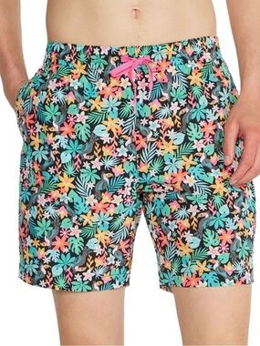 chubbies Black Tropical Floral Swim Trunks with Multicolor Print